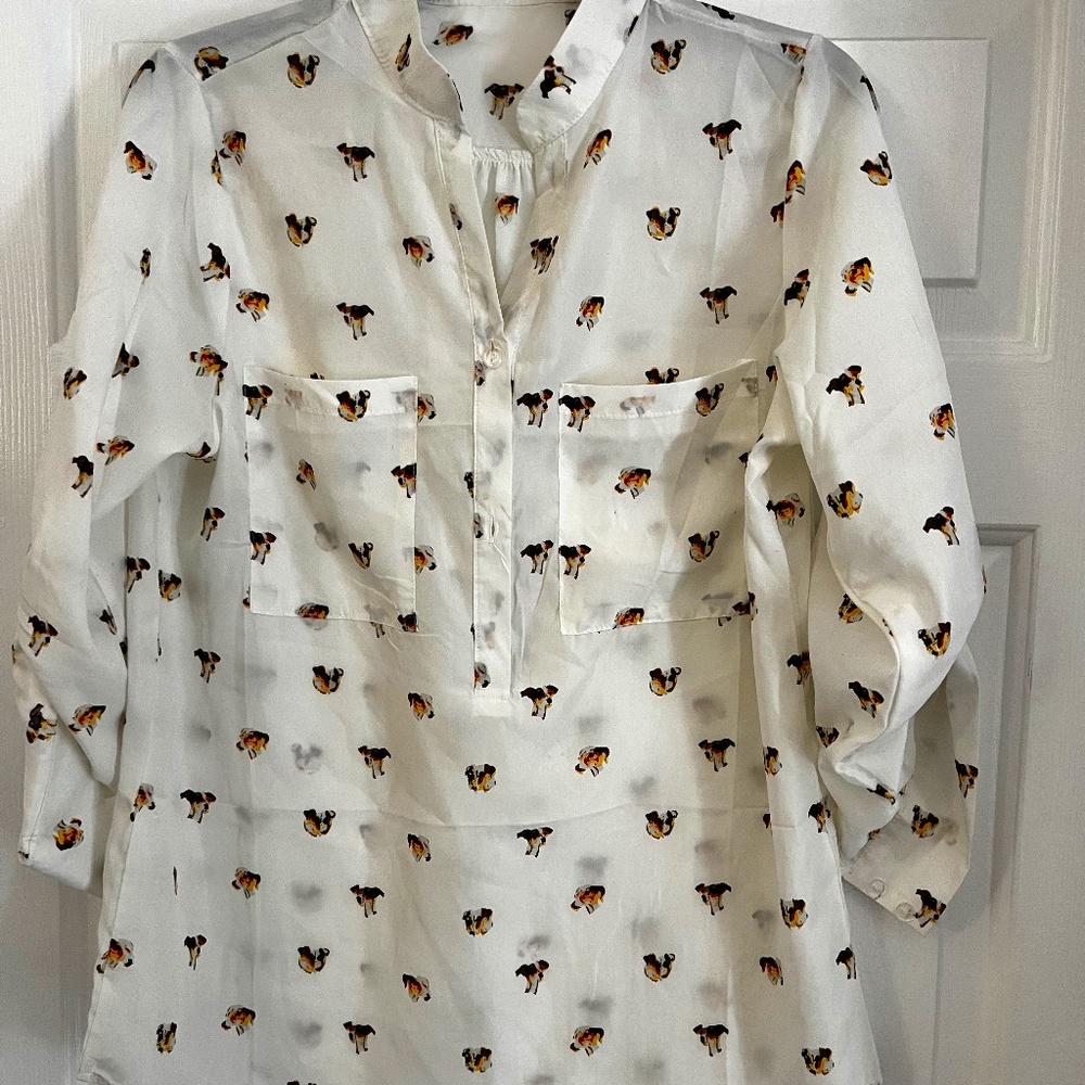 V NECK ROLL UP BLOUSE DOG PRINTED SIZE M
